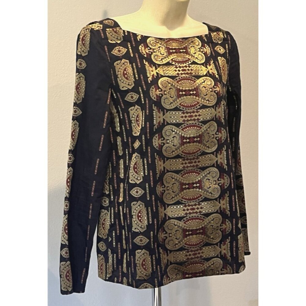 Tory Burch Gold Navy Metallic Jacquard Blouse Tunic Top - Authentic! - Picture 5 of 11
